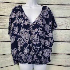 Maurices Women’s XL Navy Blue Paisley Floral Blouse Button Front Dolman Top Stre